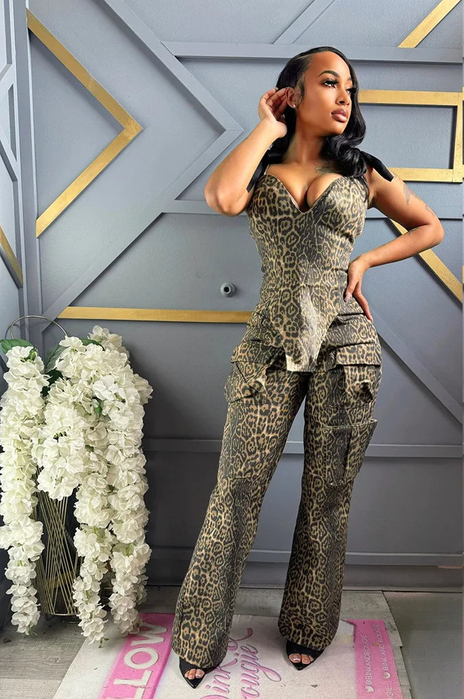 Pant Set Women Two Piece Sets Drawstring Strapless Matching Sets Sexy Leopard Print Tops Long Cargo Pants High Waist 2025 Y2k