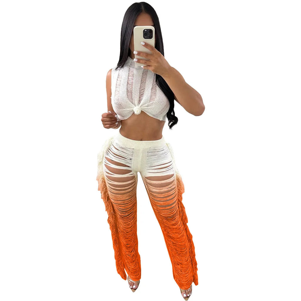 Two Piece Pant Sets Women Sexy Tanks Sleeveless Spliced Hollow Out Short Top Solid Tassel Pants Casual Beach Summer 2024