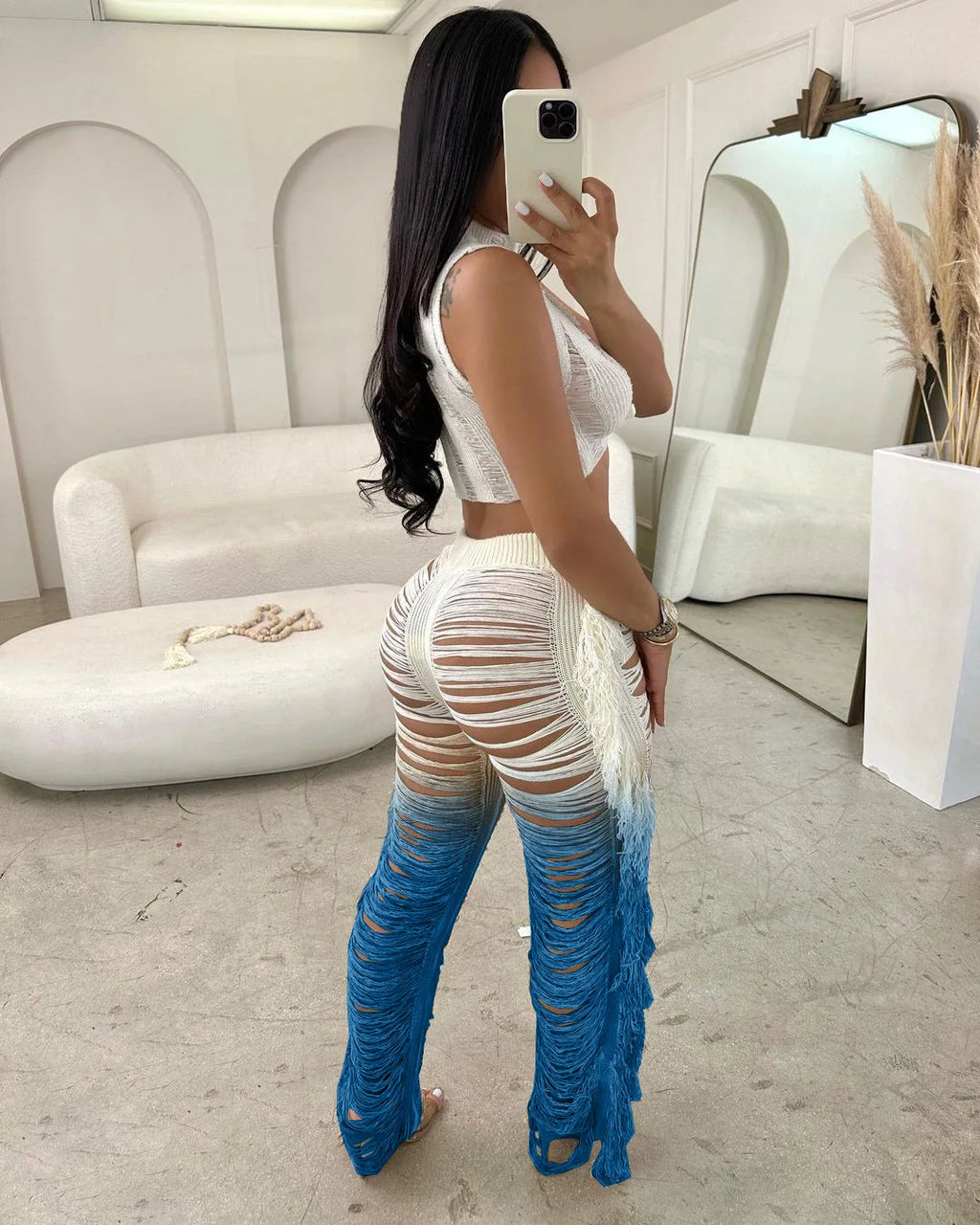 Two Piece Pant Sets Women Sexy Tanks Sleeveless Spliced Hollow Out Short Top Solid Tassel Pants Casual Beach Summer 2024