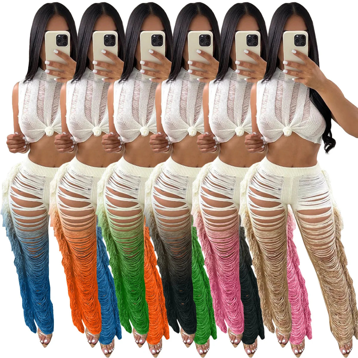Two Piece Pant Sets Women Sexy Tanks Sleeveless Spliced Hollow Out Short Top Solid Tassel Pants Casual Beach Summer 2024