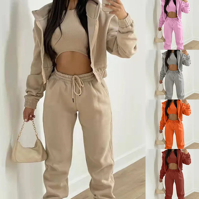 Women's 3 Piece Sets Suit Casual Long Sleeve Zip Hoodies Tank High Waist Sweatpants Jogger Pant Suits Sporty Three Pieces Outfit