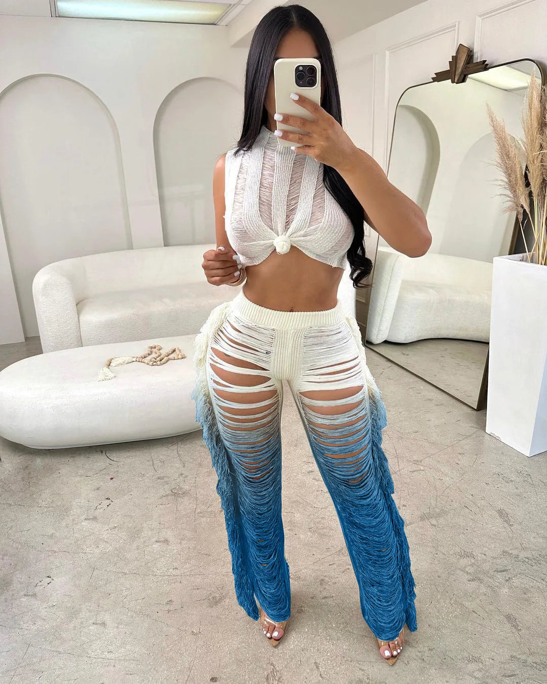 Two Piece Pant Sets Women Sexy Tanks Sleeveless Spliced Hollow Out Short Top Solid Tassel Pants Casual Beach Summer 2024