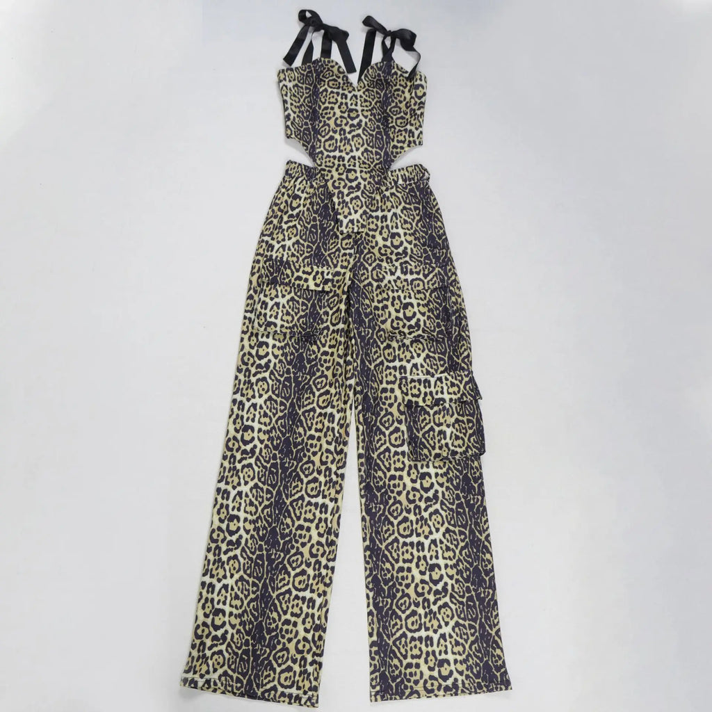 Pant Set Women Two Piece Sets Drawstring Strapless Matching Sets Sexy Leopard Print Tops Long Cargo Pants High Waist 2025 Y2k
