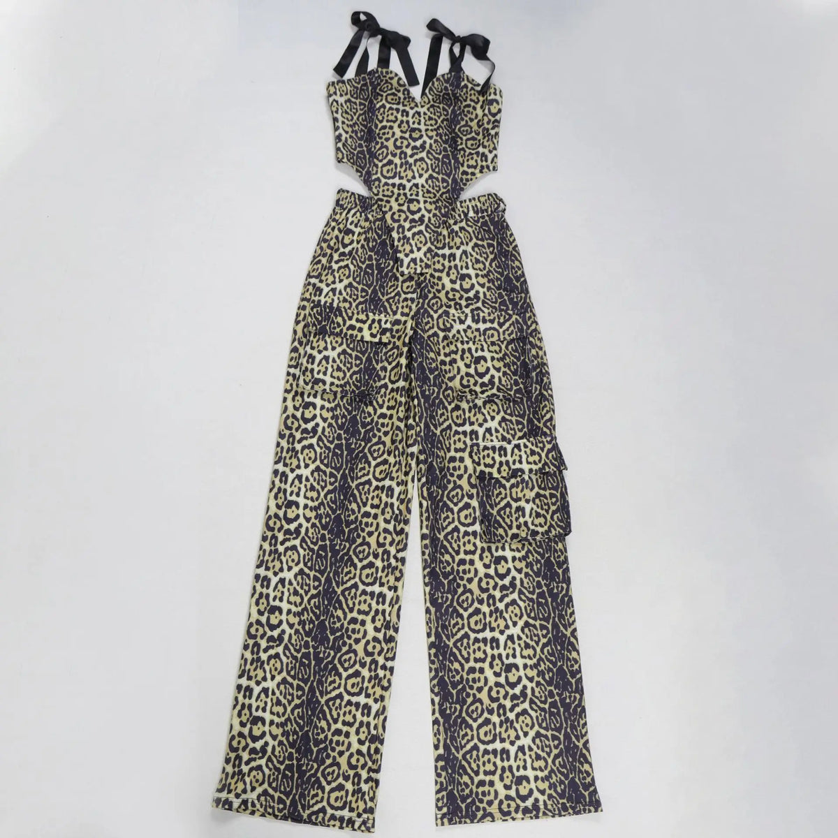 Pant Set Women Two Piece Sets Drawstring Strapless Matching Sets Sexy Leopard Print Tops Long Cargo Pants High Waist 2025 Y2k