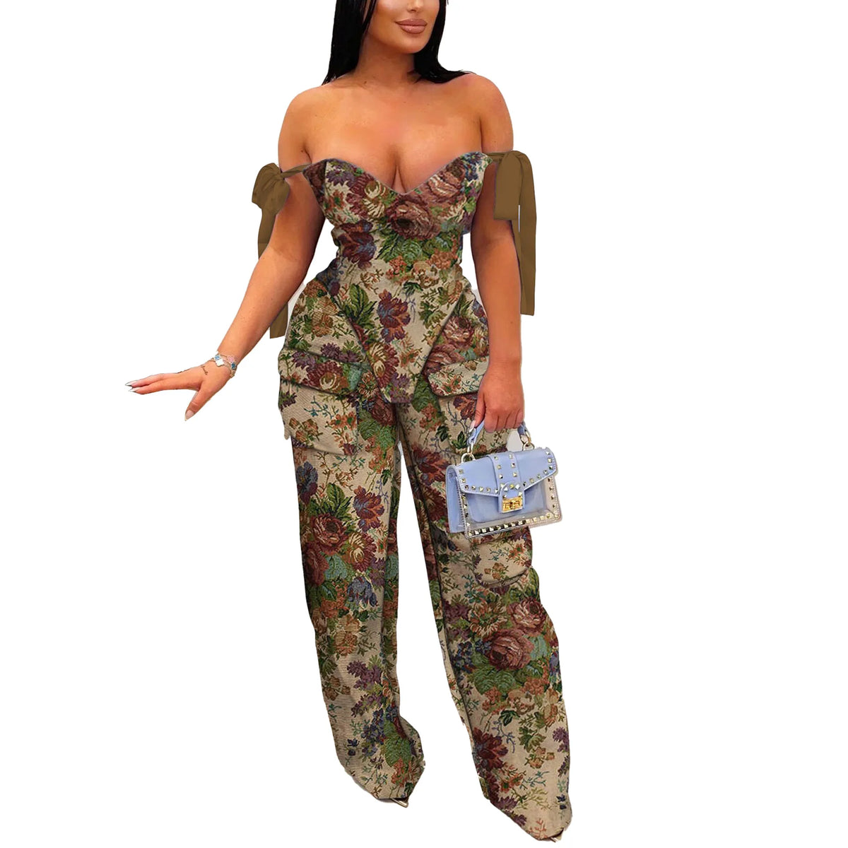 Pant Set Women Two Piece Sets Drawstring Strapless Matching Sets Sexy Leopard Print Tops Long Cargo Pants High Waist 2025 Y2k