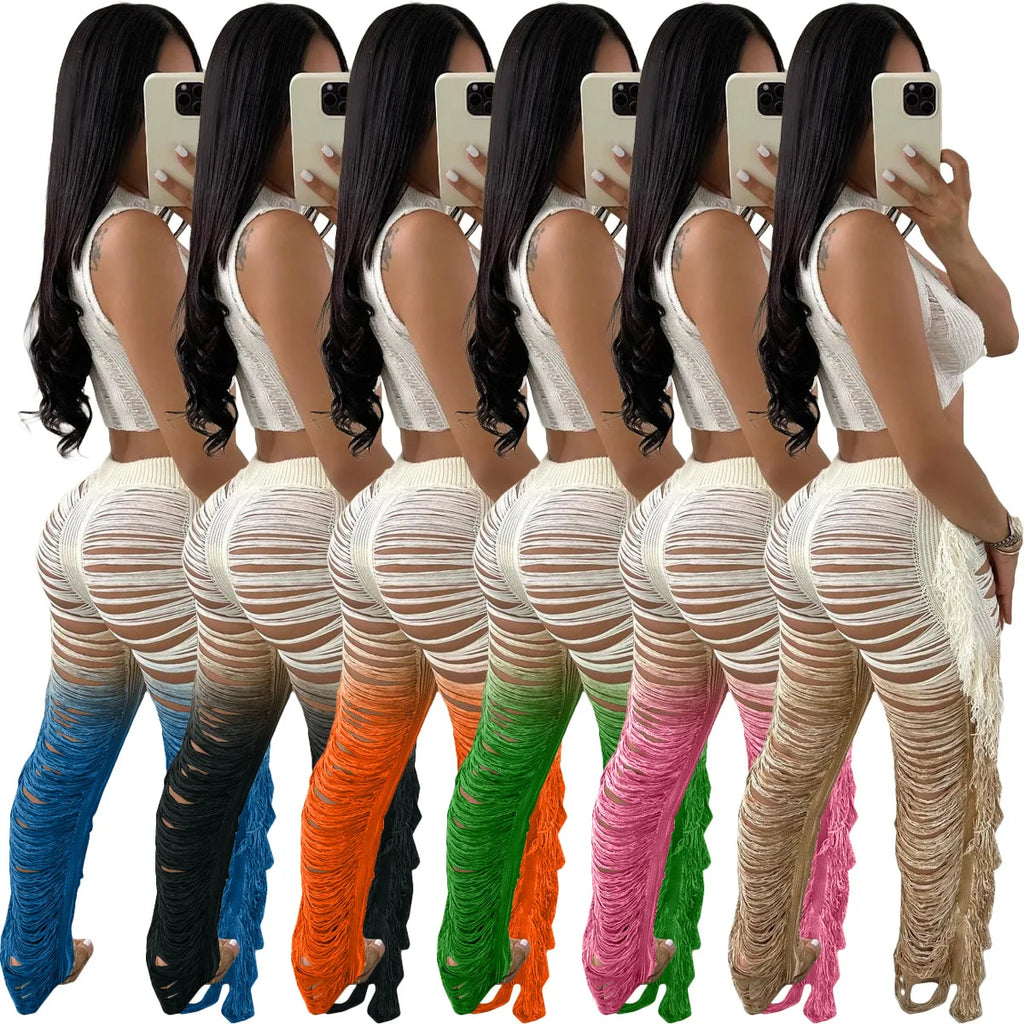 Two Piece Pant Sets Women Sexy Tanks Sleeveless Spliced Hollow Out Short Top Solid Tassel Pants Casual Beach Summer 2024