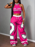 Women's Y2K vibrant pink 2-piece letter cut vest camouflage wide leg pants set hip-hop streetwear sportswear
