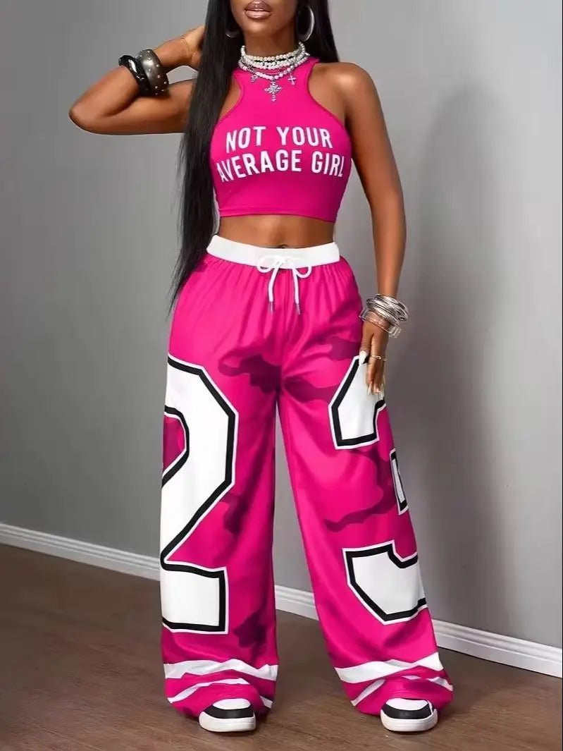 Women's Y2K vibrant pink 2-piece letter cut vest camouflage wide leg pants set hip-hop streetwear sportswear