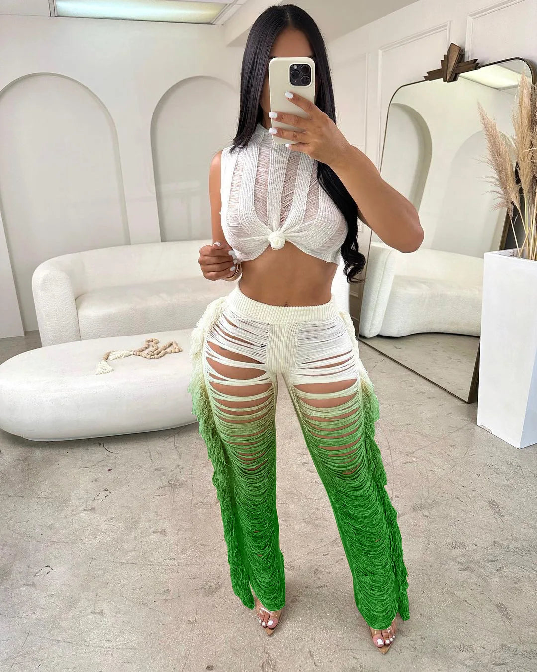 Two Piece Pant Sets Women Sexy Tanks Sleeveless Spliced Hollow Out Short Top Solid Tassel Pants Casual Beach Summer 2024