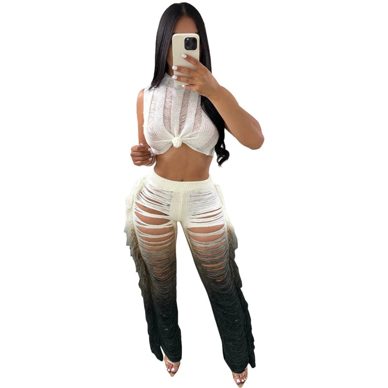 Two Piece Pant Sets Women Sexy Tanks Sleeveless Spliced Hollow Out Short Top Solid Tassel Pants Casual Beach Summer 2024