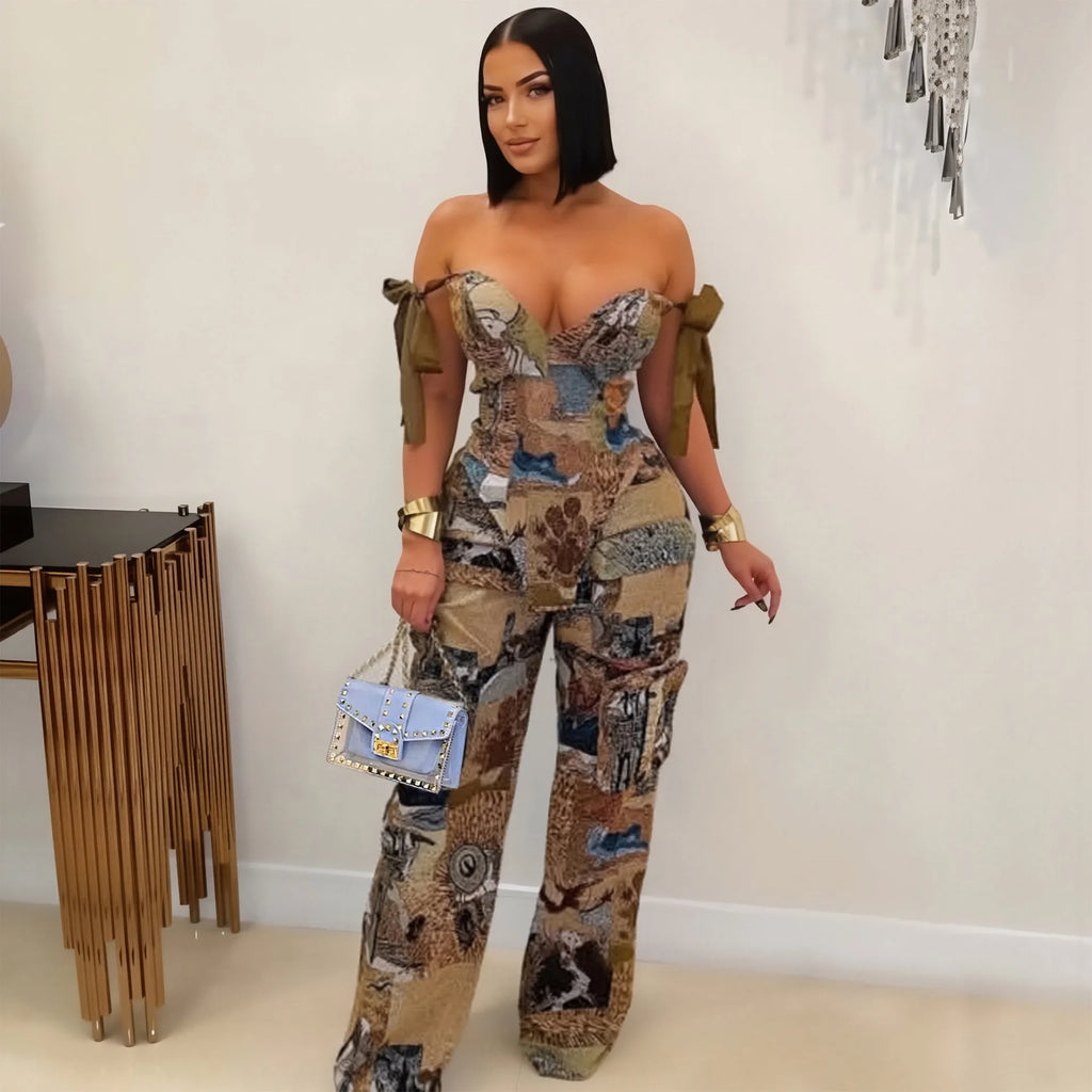 Pant Set Women Two Piece Sets Drawstring Strapless Matching Sets Sexy Leopard Print Tops Long Cargo Pants High Waist 2025 Y2k