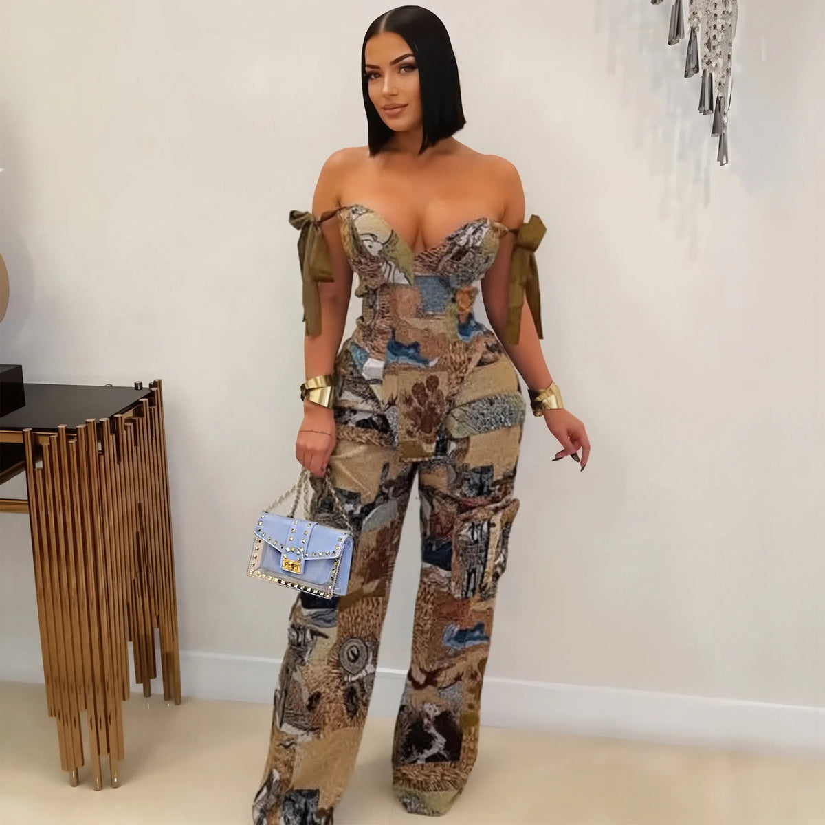 Pant Set Women Two Piece Sets Drawstring Strapless Matching Sets Sexy Leopard Print Tops Long Cargo Pants High Waist 2025 Y2k