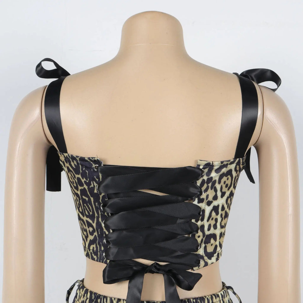 Pant Set Women Two Piece Sets Drawstring Strapless Matching Sets Sexy Leopard Print Tops Long Cargo Pants High Waist 2025 Y2k