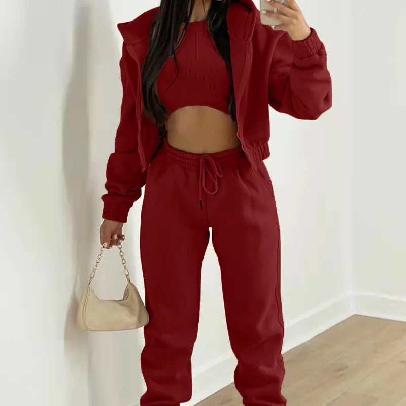 Women's 3 Piece Sets Suit Casual Long Sleeve Zip Hoodies Tank High Waist Sweatpants Jogger Pant Suits Sporty Three Pieces Outfit