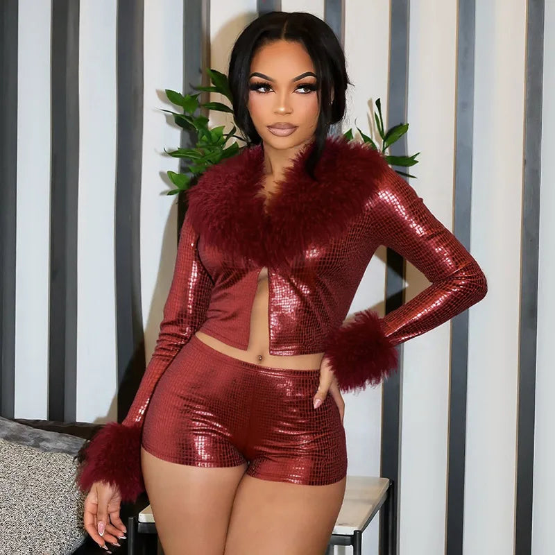 Woman's 2 Pieces Set Elegant Faux Fur Patchwork Embossed Long Sleeve Crop Top and Bodycon Shorts Suits Two-piece Matching Sets