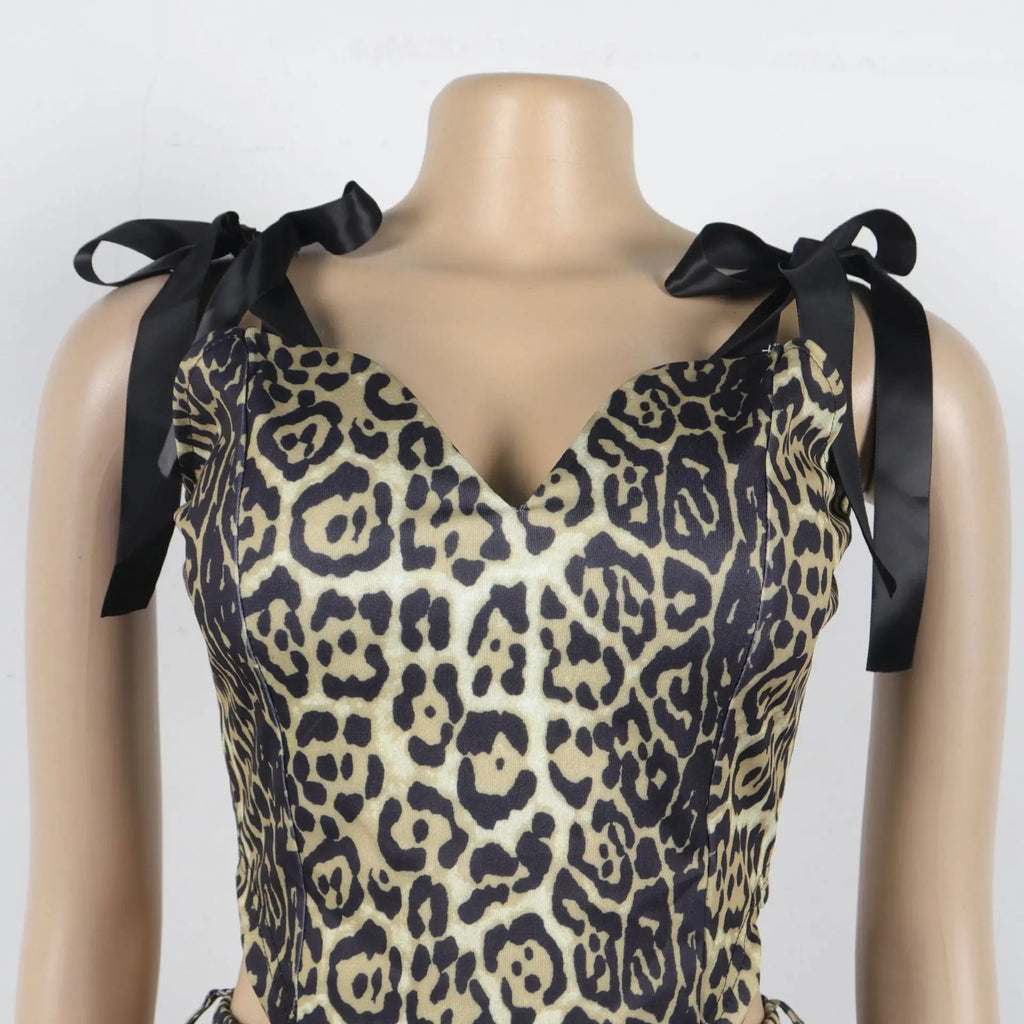 Pant Set Women Two Piece Sets Drawstring Strapless Matching Sets Sexy Leopard Print Tops Long Cargo Pants High Waist 2025 Y2k