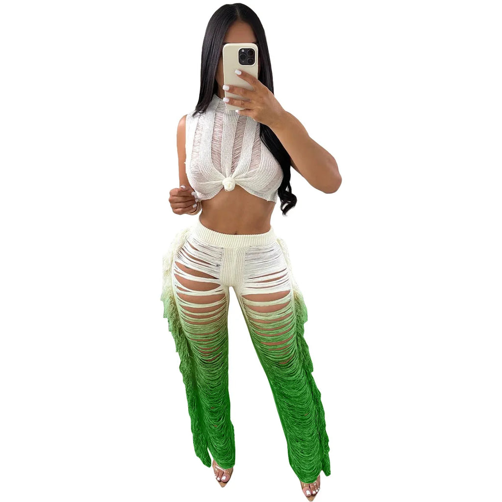 Two Piece Pant Sets Women Sexy Tanks Sleeveless Spliced Hollow Out Short Top Solid Tassel Pants Casual Beach Summer 2024