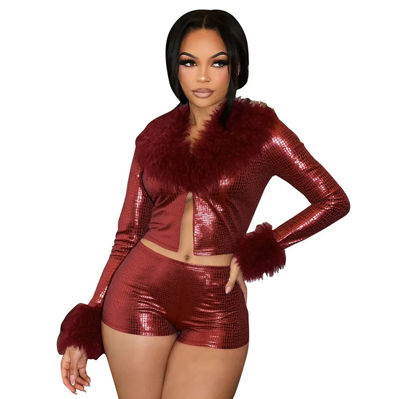 Woman's 2 Pieces Set Elegant Faux Fur Patchwork Embossed Long Sleeve Crop Top and Bodycon Shorts Suits Two-piece Matching Sets