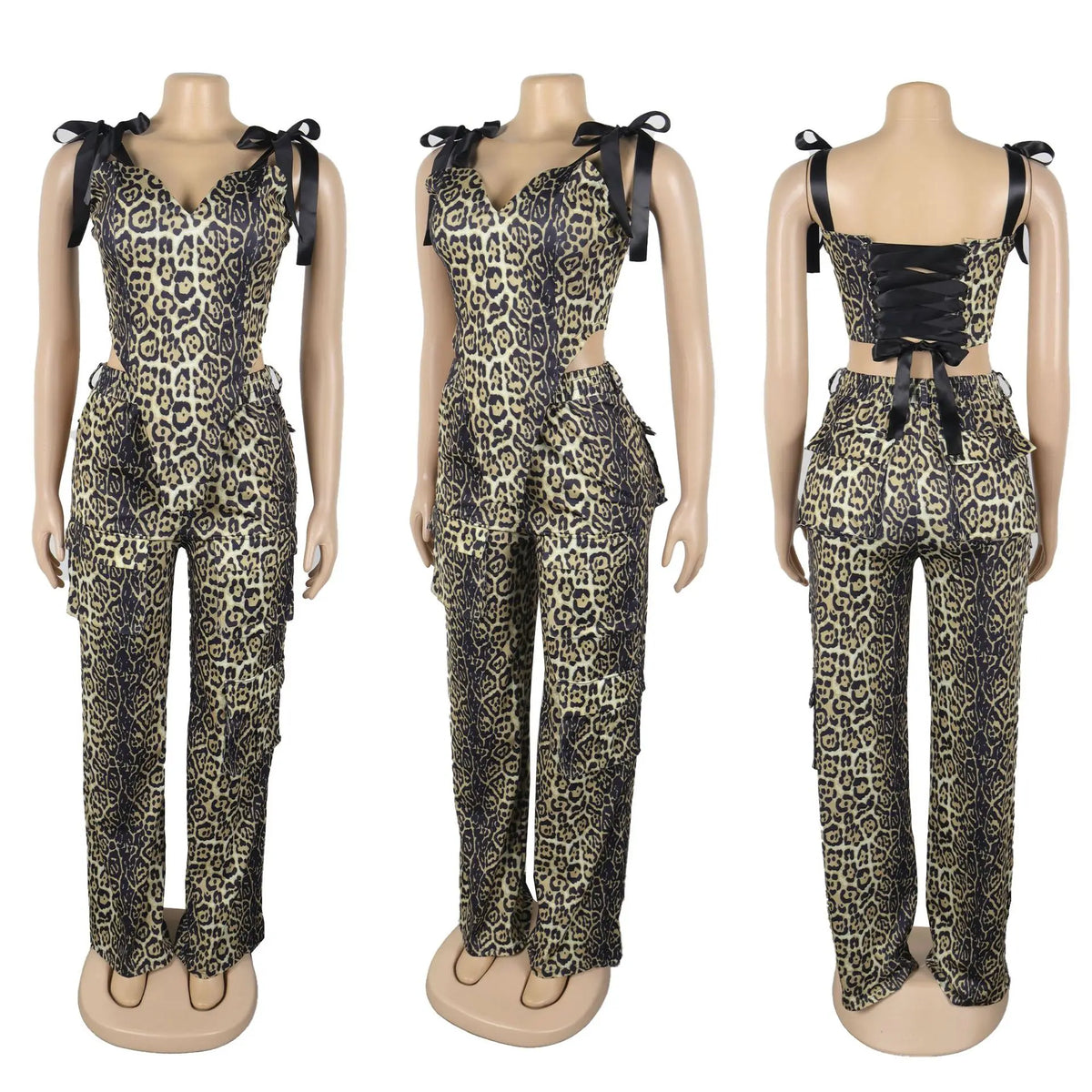 Pant Set Women Two Piece Sets Drawstring Strapless Matching Sets Sexy Leopard Print Tops Long Cargo Pants High Waist 2025 Y2k