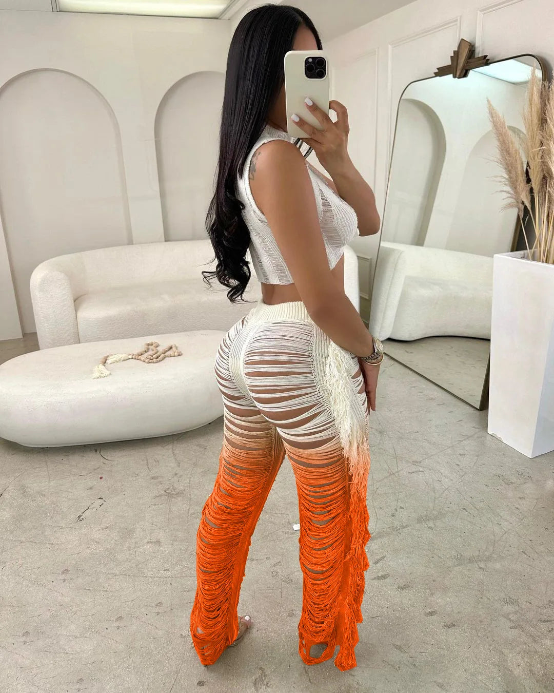 Two Piece Pant Sets Women Sexy Tanks Sleeveless Spliced Hollow Out Short Top Solid Tassel Pants Casual Beach Summer 2024