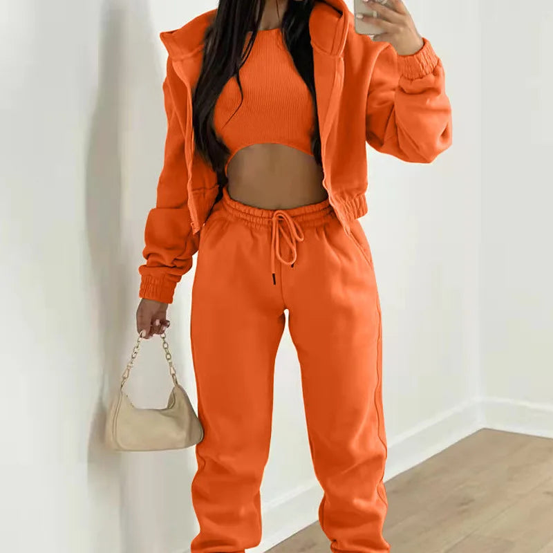 Women's 3 Piece Sets Suit Casual Long Sleeve Zip Hoodies Tank High Waist Sweatpants Jogger Pant Suits Sporty Three Pieces Outfit
