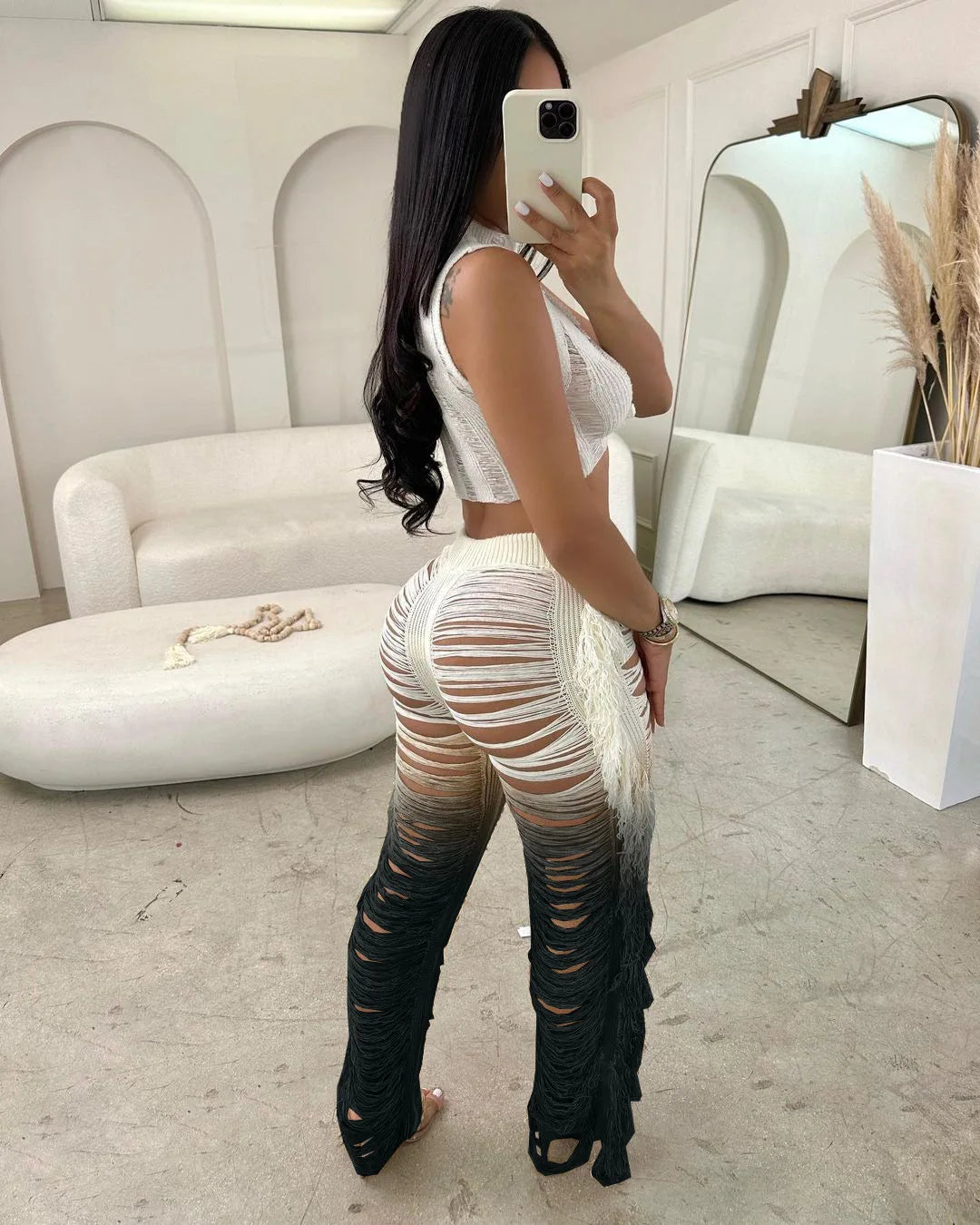 Two Piece Pant Sets Women Sexy Tanks Sleeveless Spliced Hollow Out Short Top Solid Tassel Pants Casual Beach Summer 2024