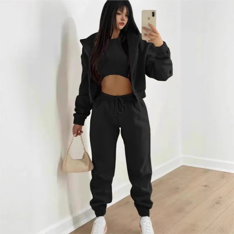 Women's 3 Piece Sets Suit Casual Long Sleeve Zip Hoodies Tank High Waist Sweatpants Jogger Pant Suits Sporty Three Pieces Outfit