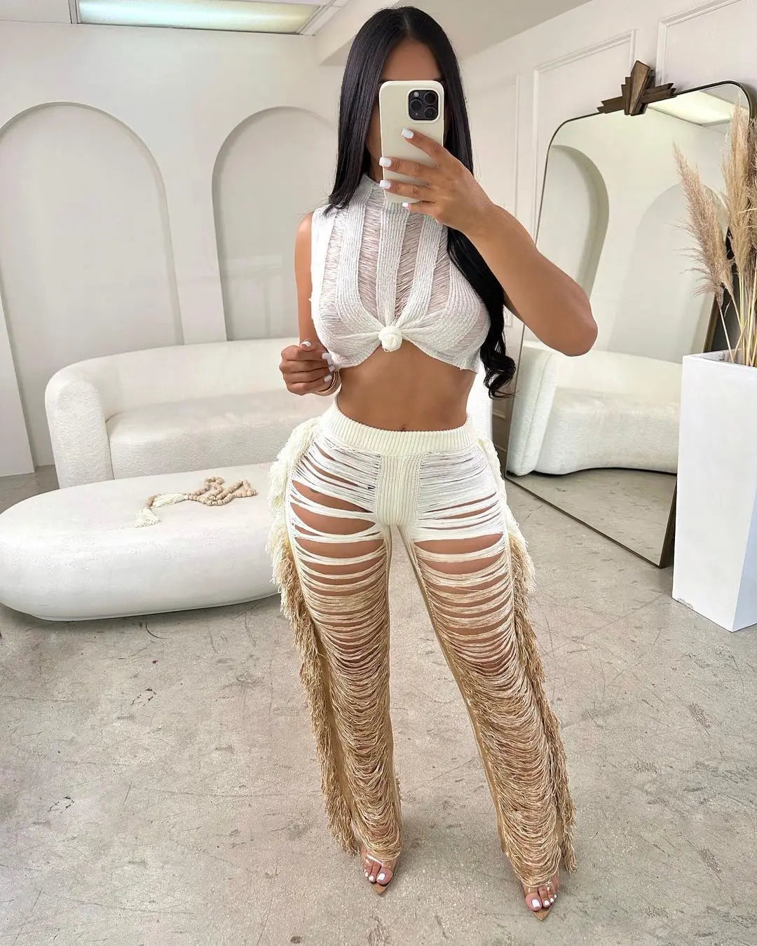 Two Piece Pant Sets Women Sexy Tanks Sleeveless Spliced Hollow Out Short Top Solid Tassel Pants Casual Beach Summer 2024