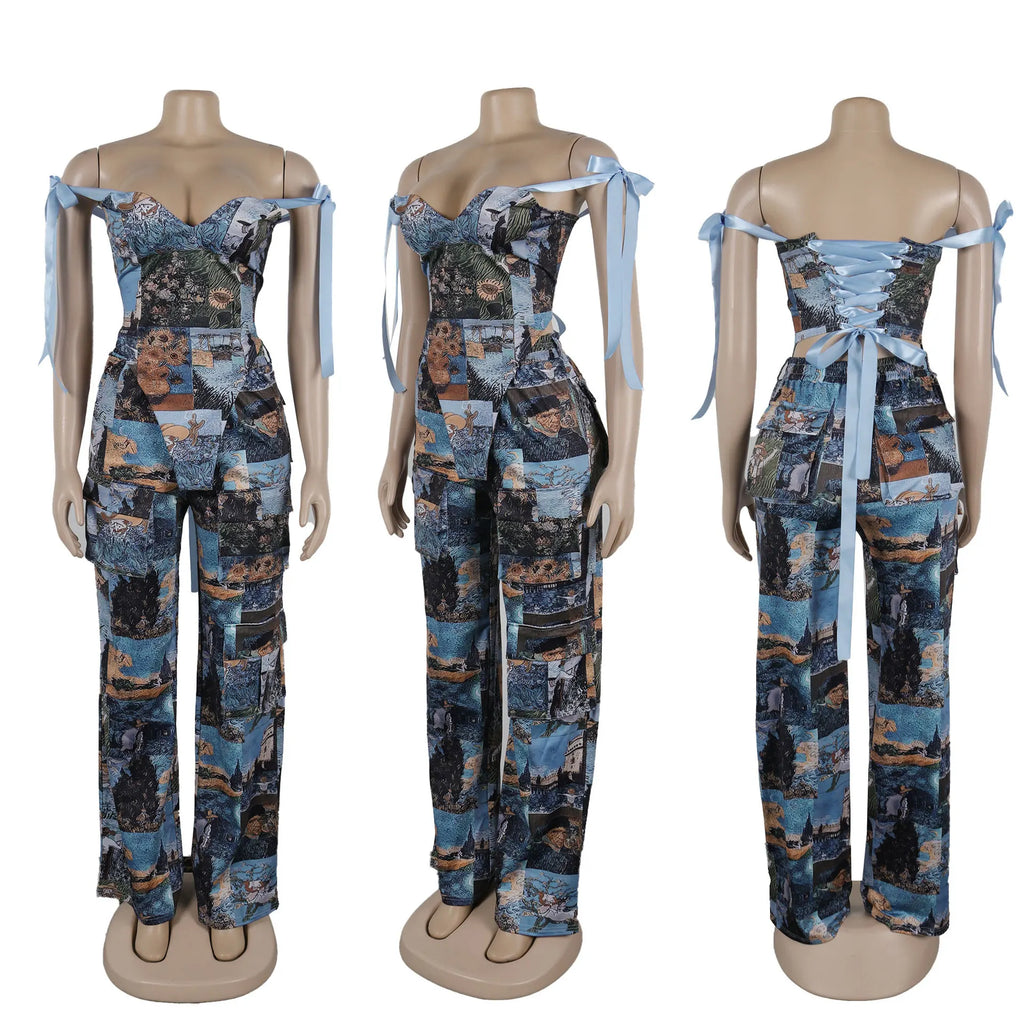 Pant Set Women Two Piece Sets Drawstring Strapless Matching Sets Sexy Leopard Print Tops Long Cargo Pants High Waist 2025 Y2k