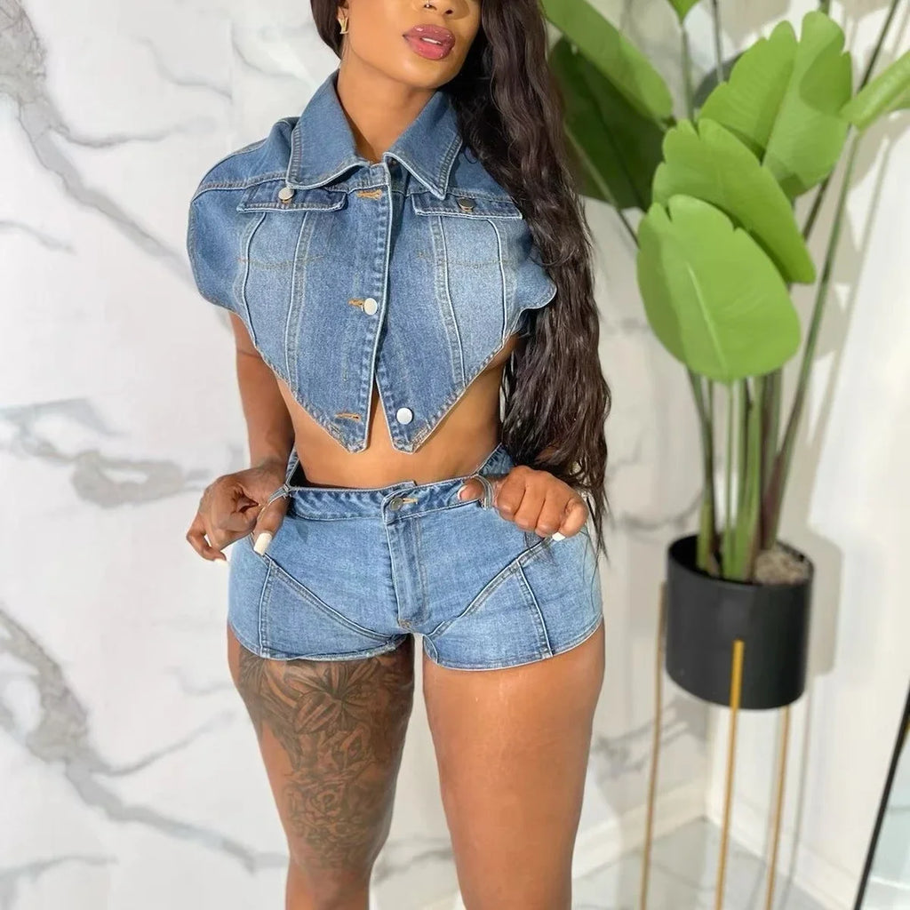 Two Piece Sets Women Denim Outfits Shorts Top Single Breasted Stretch Matching Sets 2025 Y2k Streetwear Sexy Short Pants Suit