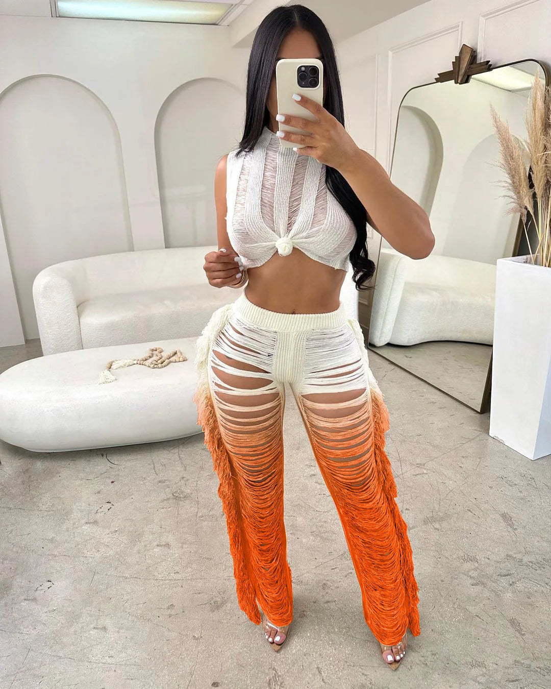 Two Piece Pant Sets Women Sexy Tanks Sleeveless Spliced Hollow Out Short Top Solid Tassel Pants Casual Beach Summer 2024