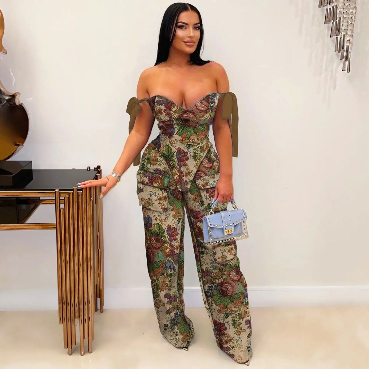 Pant Set Women Two Piece Sets Drawstring Strapless Matching Sets Sexy Leopard Print Tops Long Cargo Pants High Waist 2025 Y2k