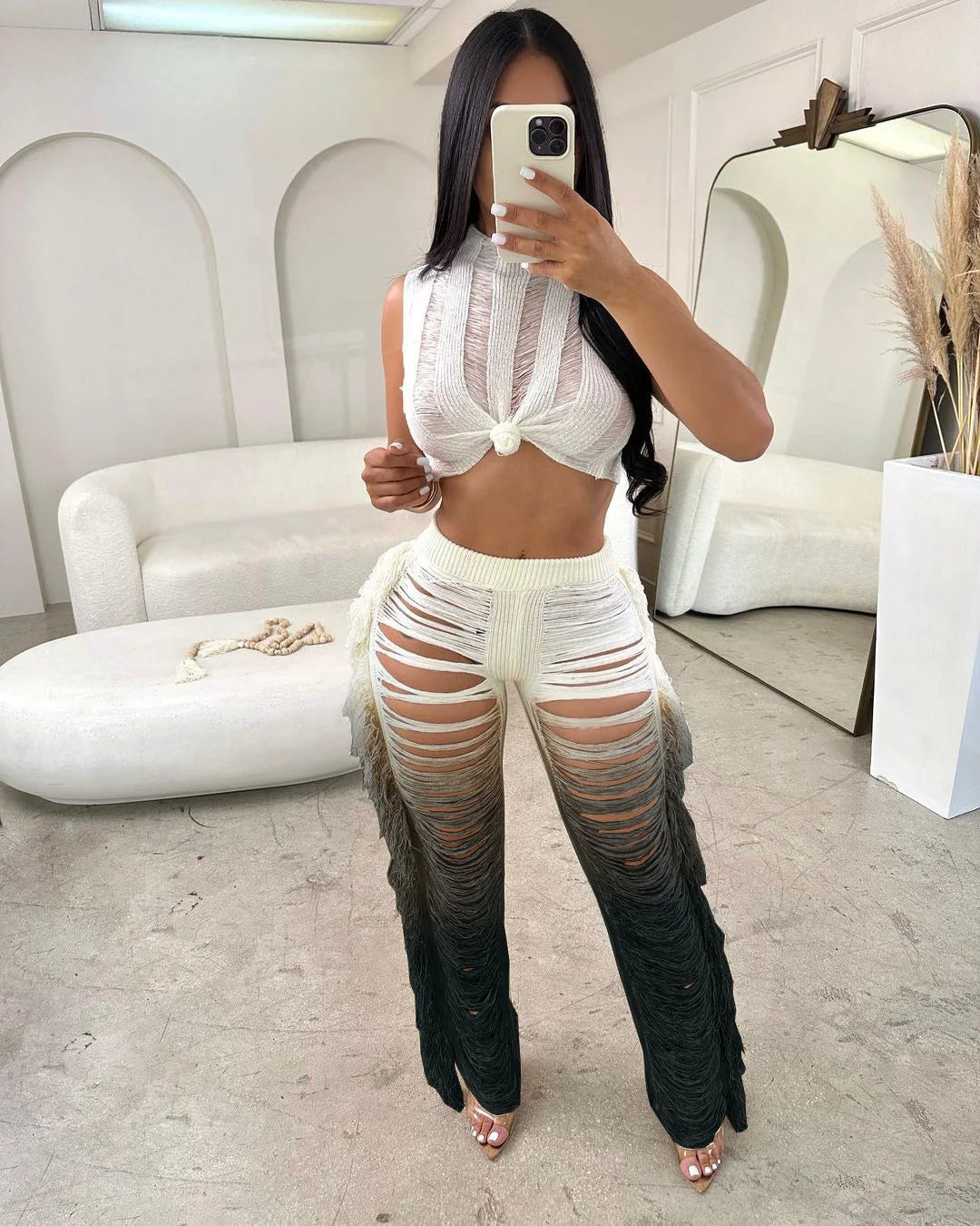 Two Piece Pant Sets Women Sexy Tanks Sleeveless Spliced Hollow Out Short Top Solid Tassel Pants Casual Beach Summer 2024