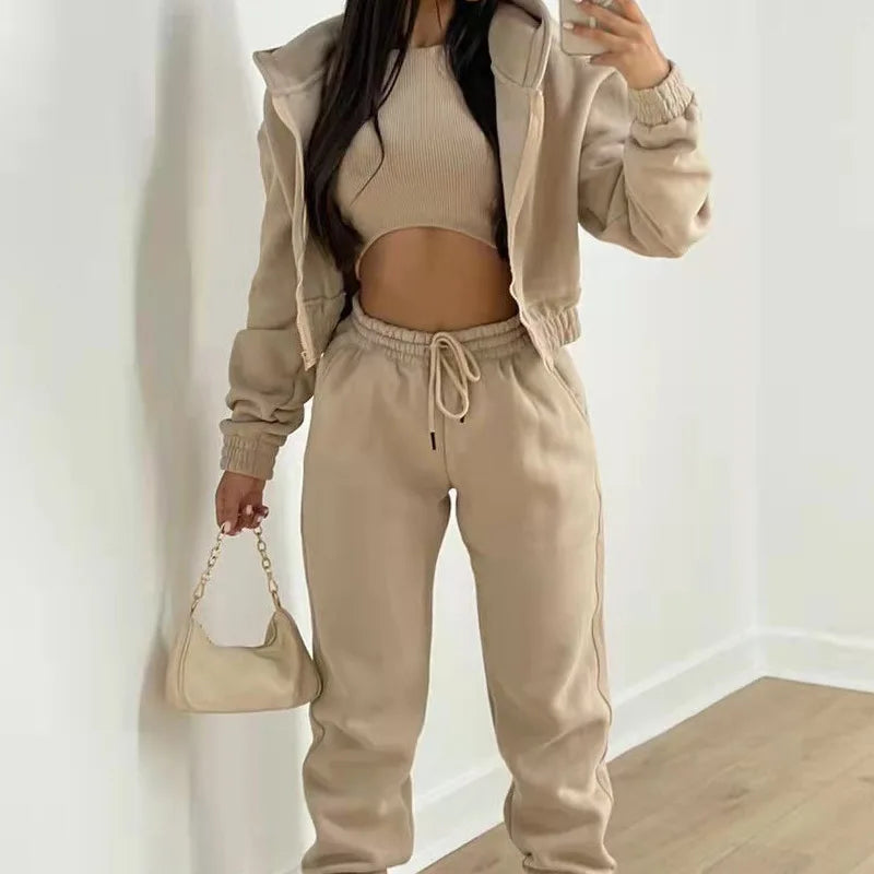 Women's 3 Piece Sets Suit Casual Long Sleeve Zip Hoodies Tank High Waist Sweatpants Jogger Pant Suits Sporty Three Pieces Outfit