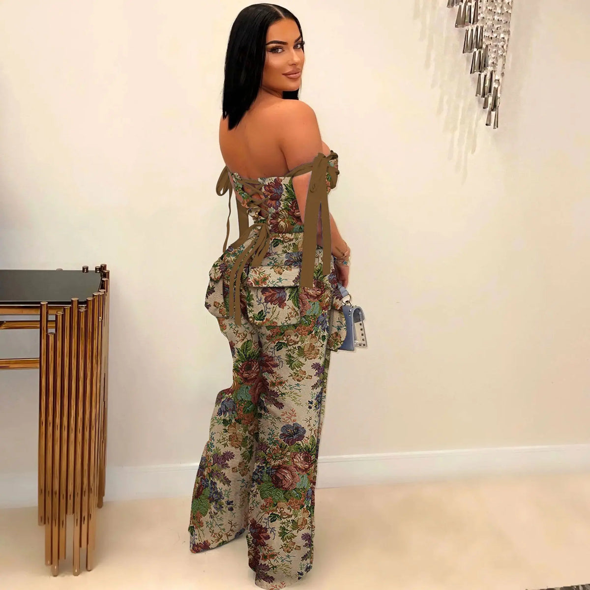 Pant Set Women Two Piece Sets Drawstring Strapless Matching Sets Sexy Leopard Print Tops Long Cargo Pants High Waist 2025 Y2k