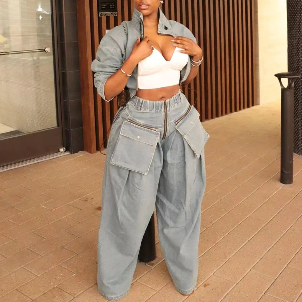 Denim Two Piece Sets Women Coat Jacket Wide Leg Pants Jeans Suits Matching Sets Trousers Outfits 2025 Y2k Streetwear Party