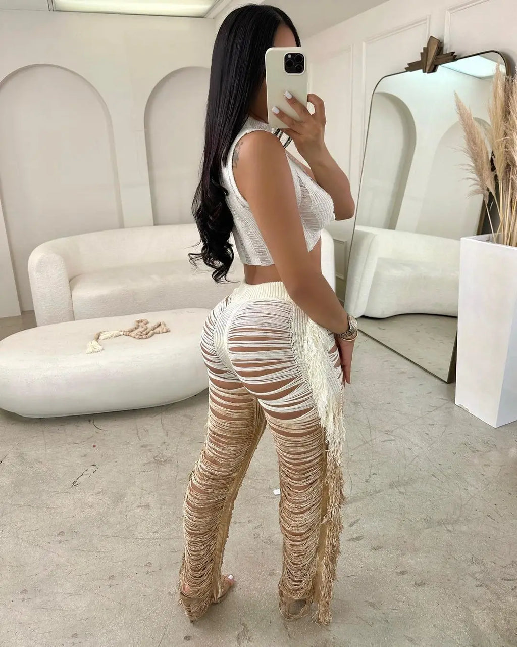 Two Piece Pant Sets Women Sexy Tanks Sleeveless Spliced Hollow Out Short Top Solid Tassel Pants Casual Beach Summer 2024