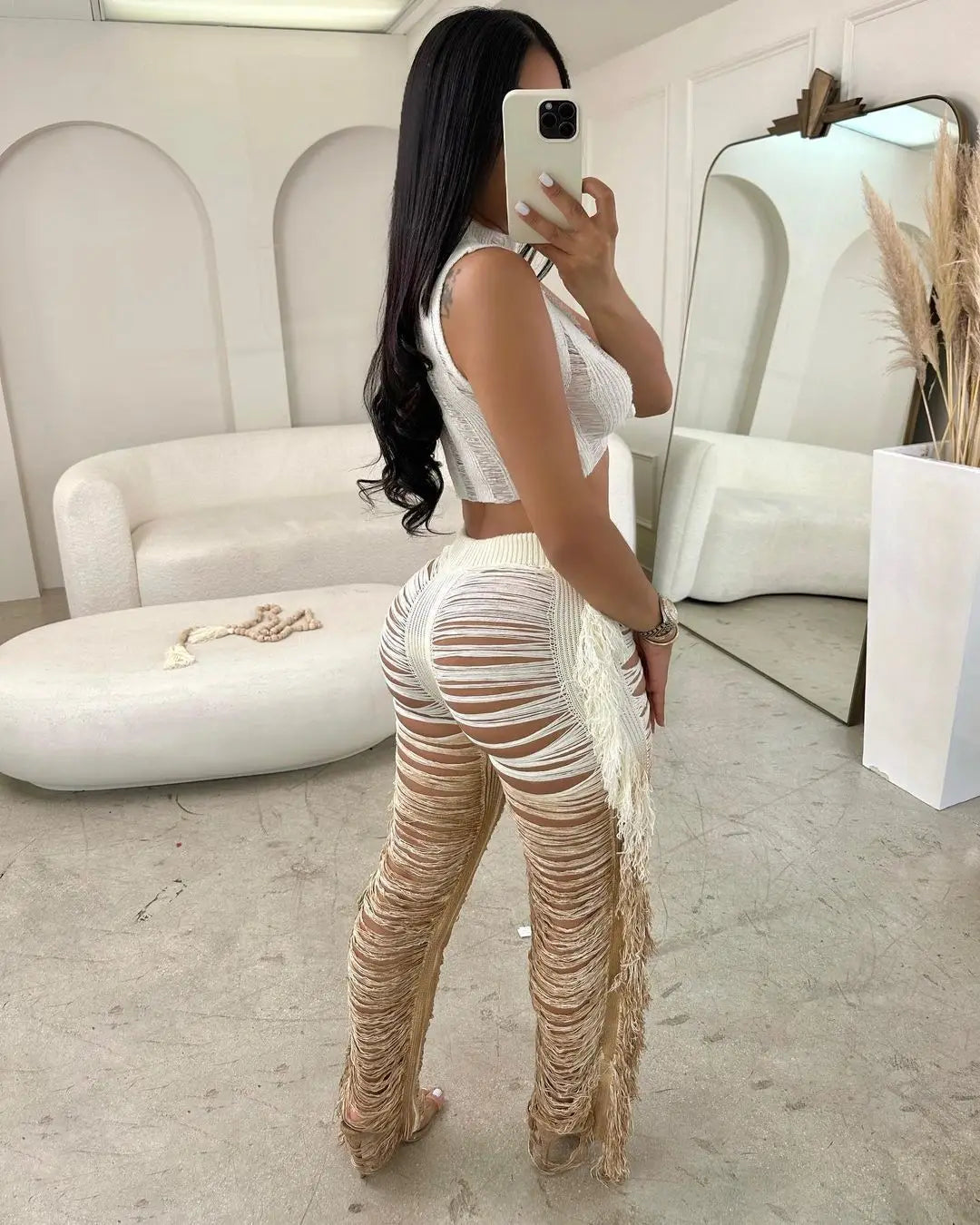 Two Piece Pant Sets Women Sexy Tanks Sleeveless Spliced Hollow Out Short Top Solid Tassel Pants Casual Beach Summer 2024