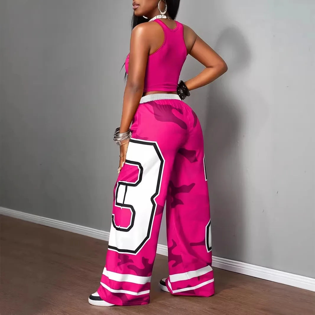 Women's Y2K vibrant pink 2-piece letter cut vest camouflage wide leg pants set hip-hop streetwear sportswear