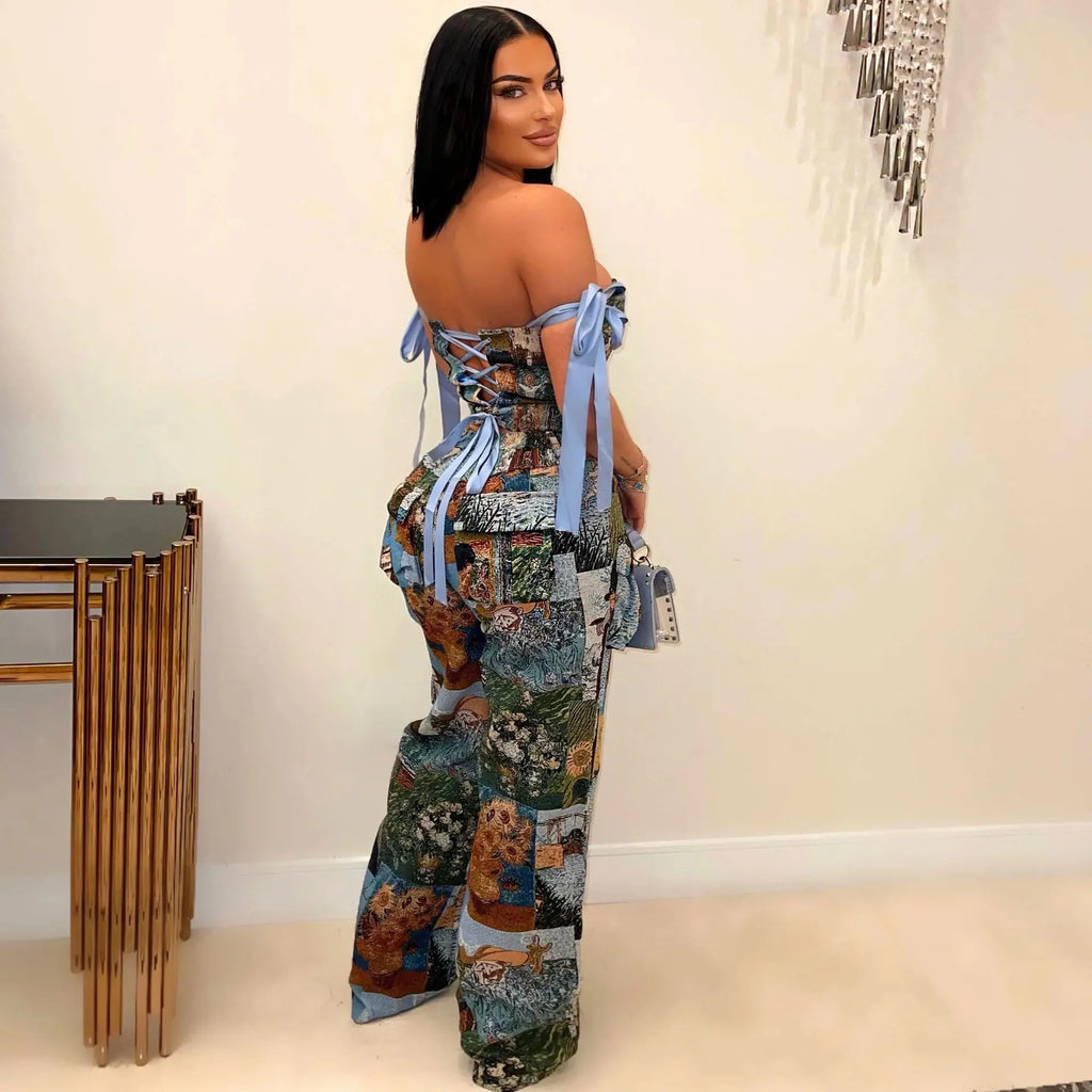 Pant Set Women Two Piece Sets Drawstring Strapless Matching Sets Sexy Leopard Print Tops Long Cargo Pants High Waist 2025 Y2k