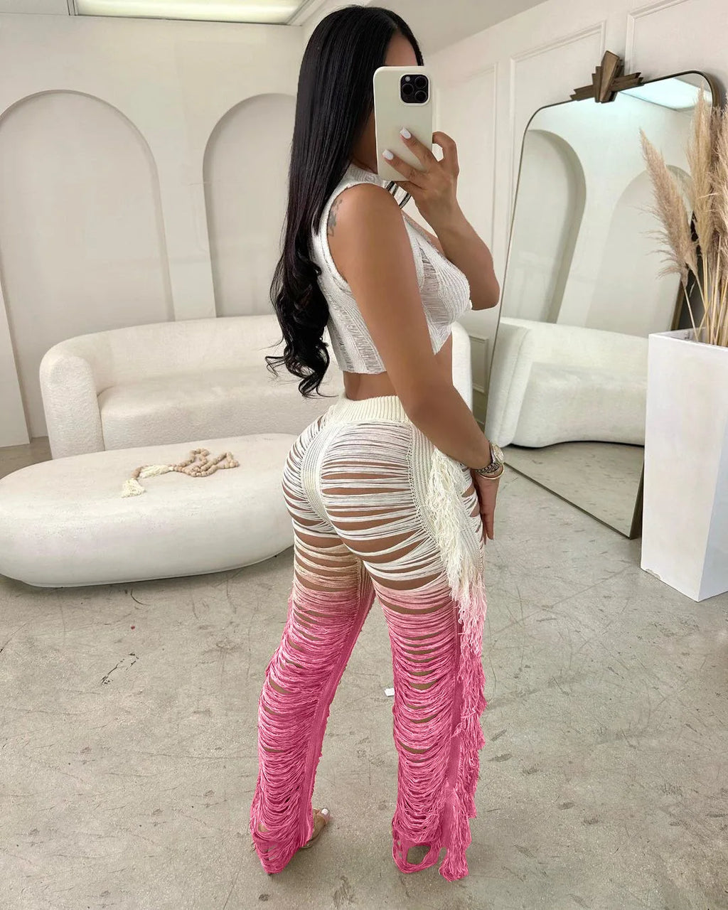 Two Piece Pant Sets Women Sexy Tanks Sleeveless Spliced Hollow Out Short Top Solid Tassel Pants Casual Beach Summer 2024