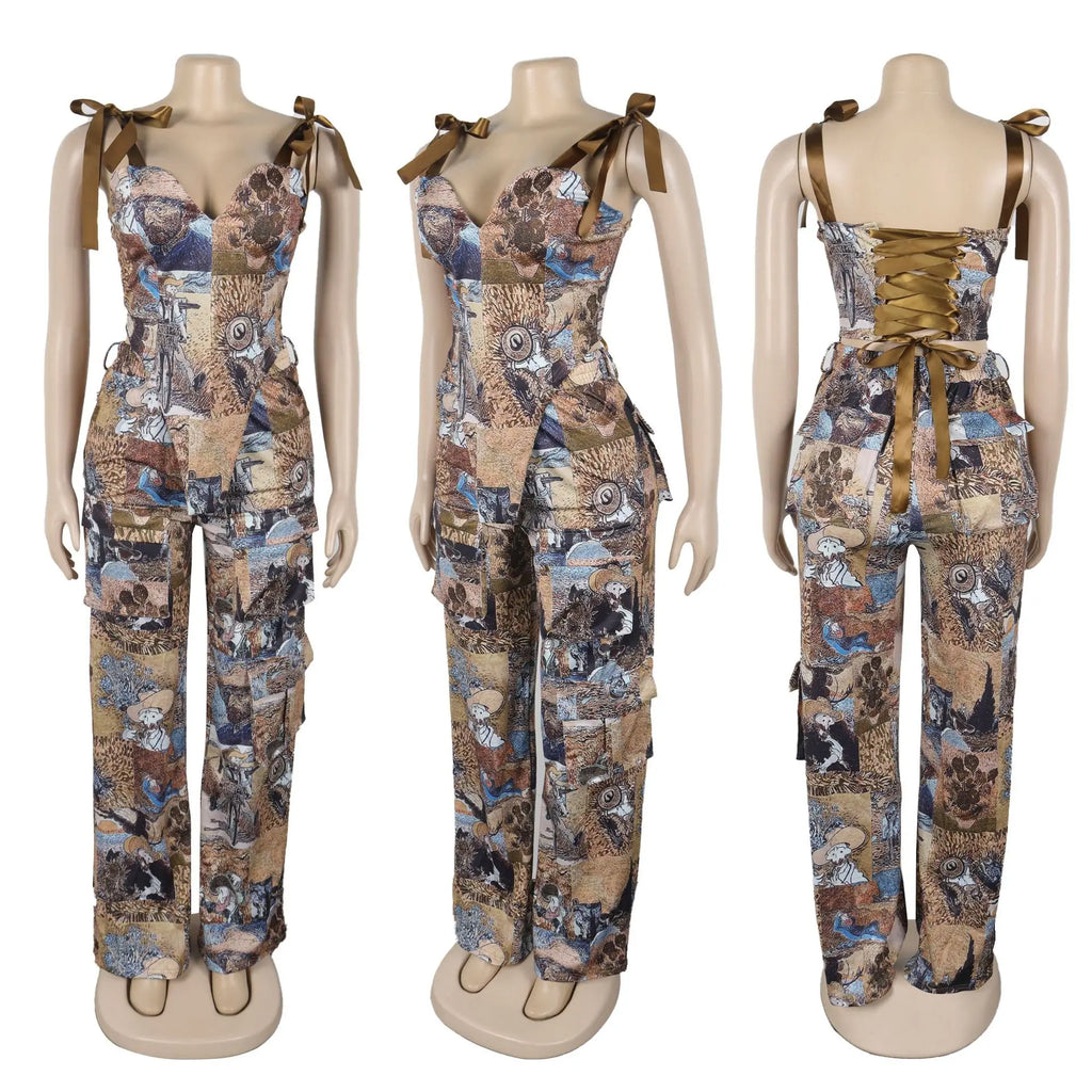 Pant Set Women Two Piece Sets Drawstring Strapless Matching Sets Sexy Leopard Print Tops Long Cargo Pants High Waist 2025 Y2k