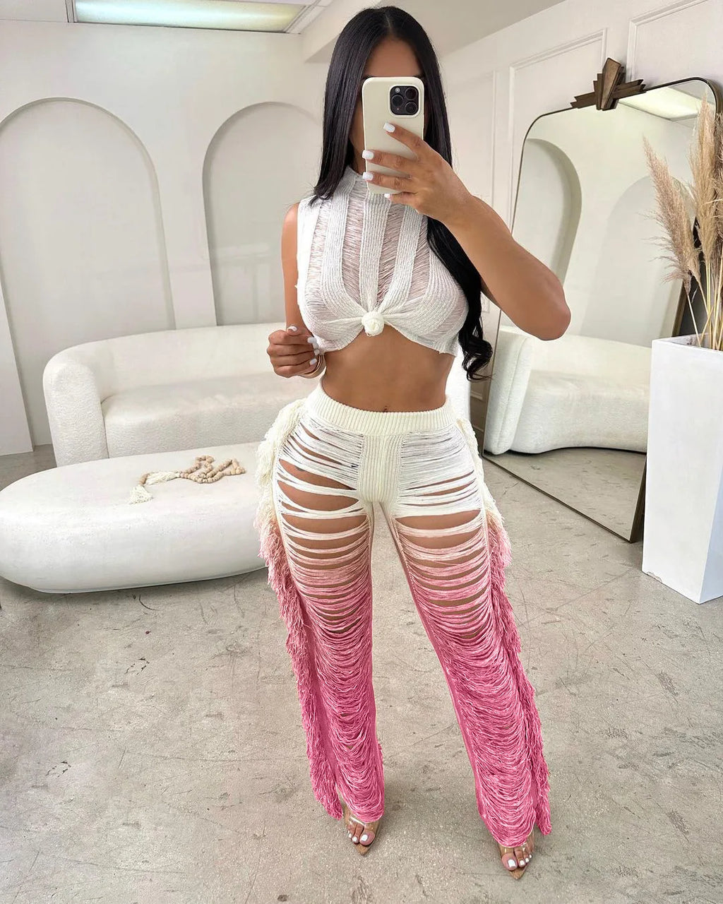 Two Piece Pant Sets Women Sexy Tanks Sleeveless Spliced Hollow Out Short Top Solid Tassel Pants Casual Beach Summer 2024