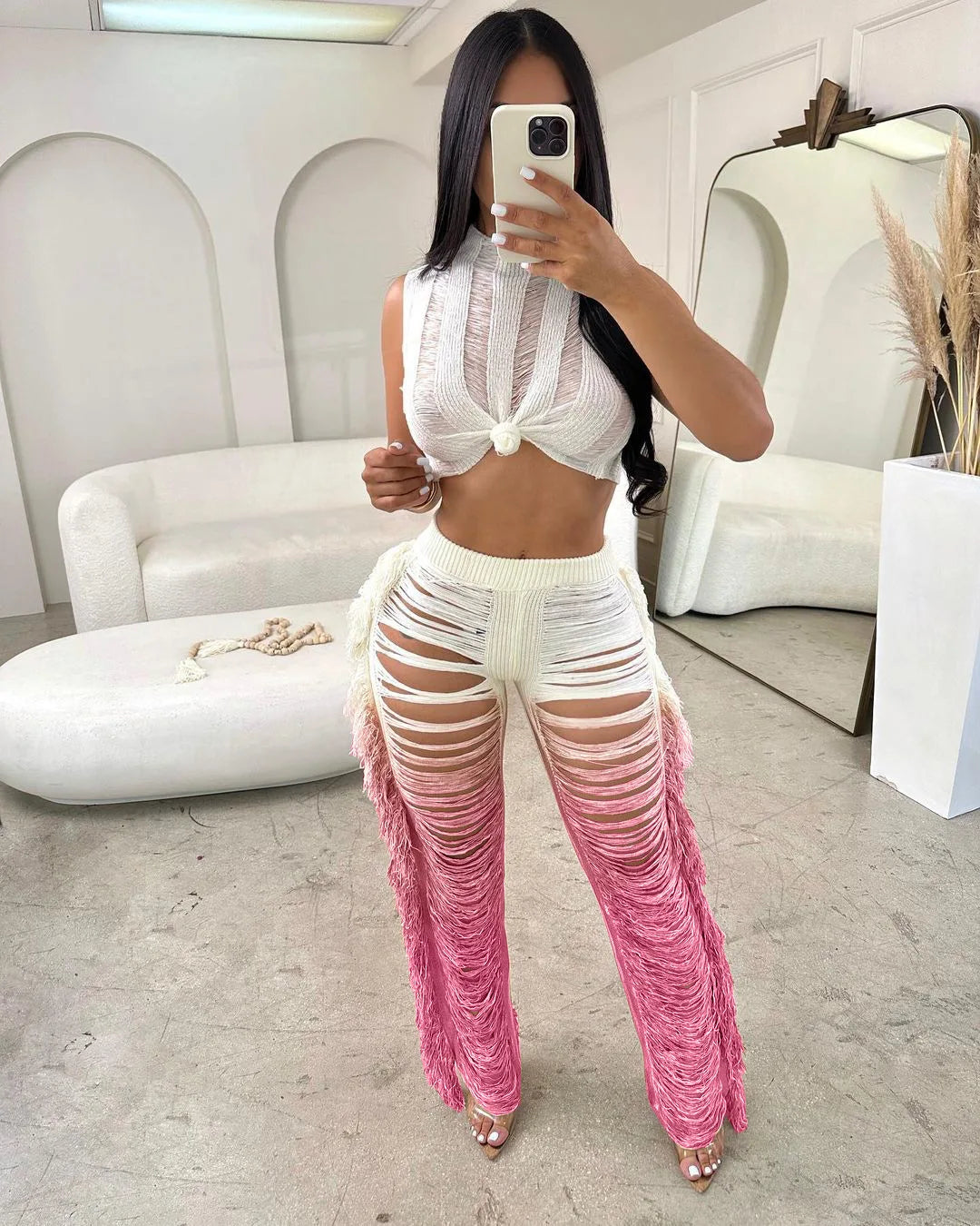 Two Piece Pant Sets Women Sexy Tanks Sleeveless Spliced Hollow Out Short Top Solid Tassel Pants Casual Beach Summer 2024