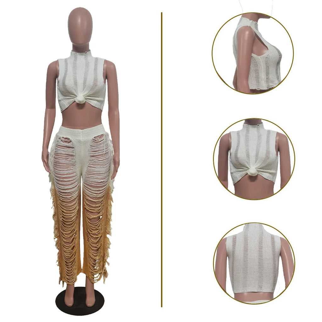 Two Piece Pant Sets Women Sexy Tanks Sleeveless Spliced Hollow Out Short Top Solid Tassel Pants Casual Beach Summer 2024