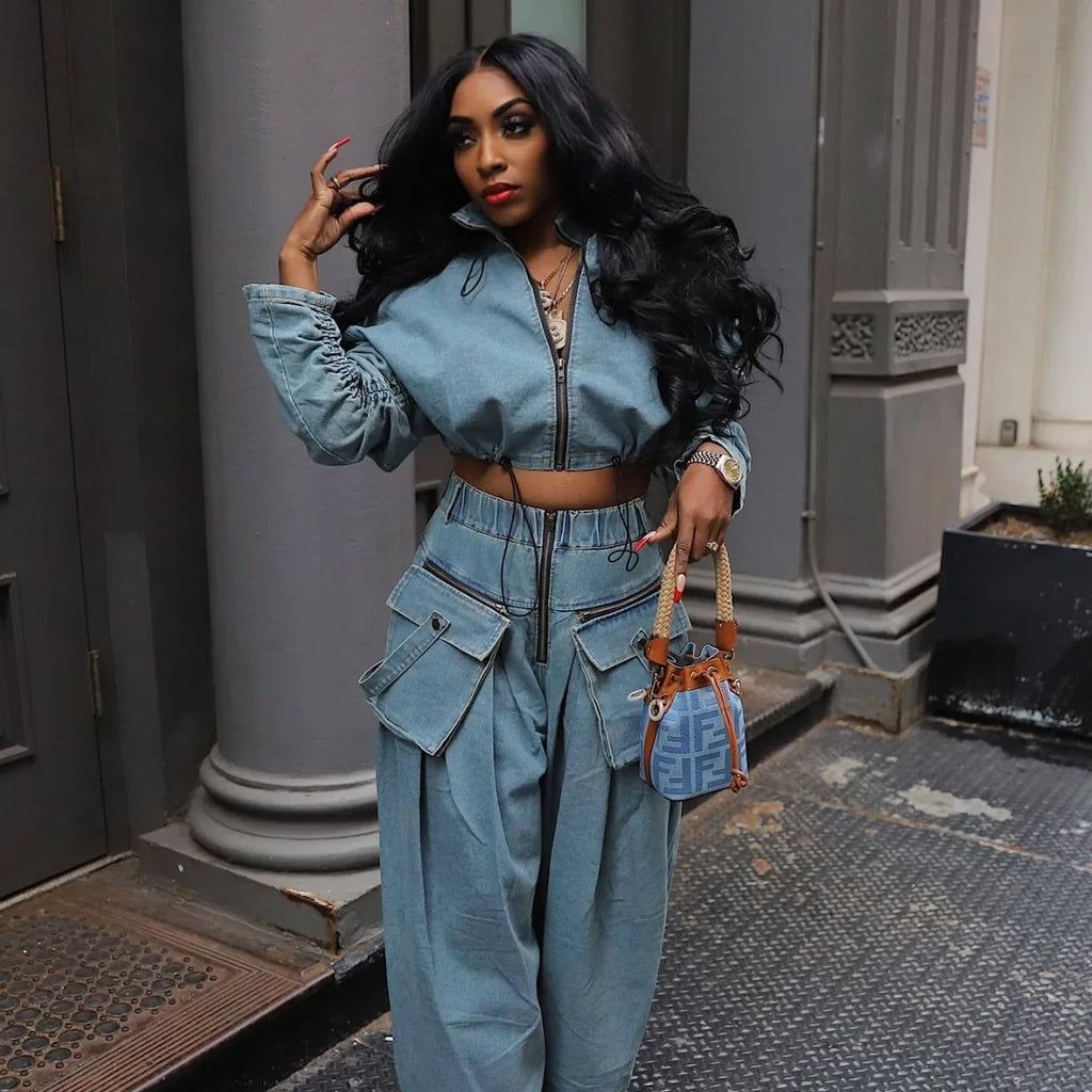 Denim Two Piece Sets Women Coat Jacket Wide Leg Pants Jeans Suits Matching Sets Trousers Outfits 2025 Y2k Streetwear Party