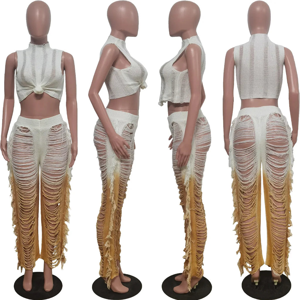 Two Piece Pant Sets Women Sexy Tanks Sleeveless Spliced Hollow Out Short Top Solid Tassel Pants Casual Beach Summer 2024