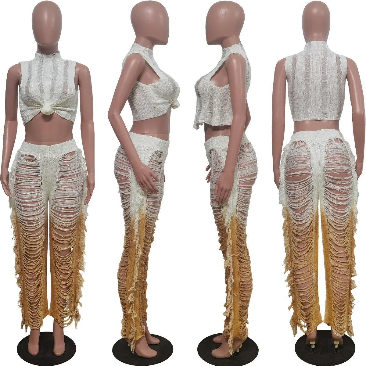 Two Piece Pant Sets Women Sexy Tanks Sleeveless Spliced Hollow Out Short Top Solid Tassel Pants Casual Beach Summer 2024