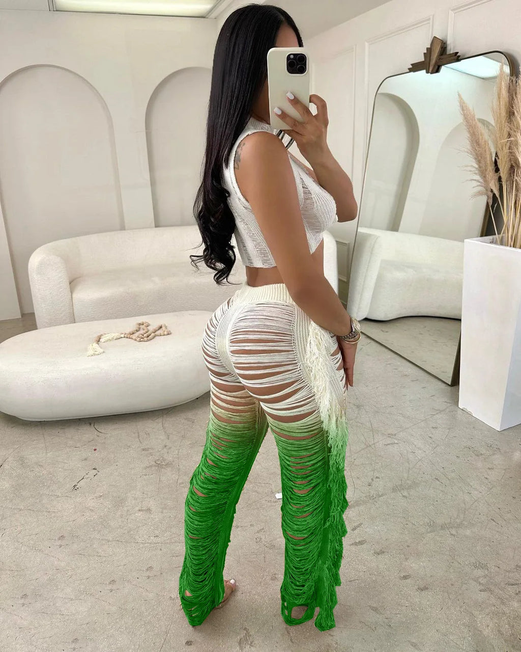 Two Piece Pant Sets Women Sexy Tanks Sleeveless Spliced Hollow Out Short Top Solid Tassel Pants Casual Beach Summer 2024