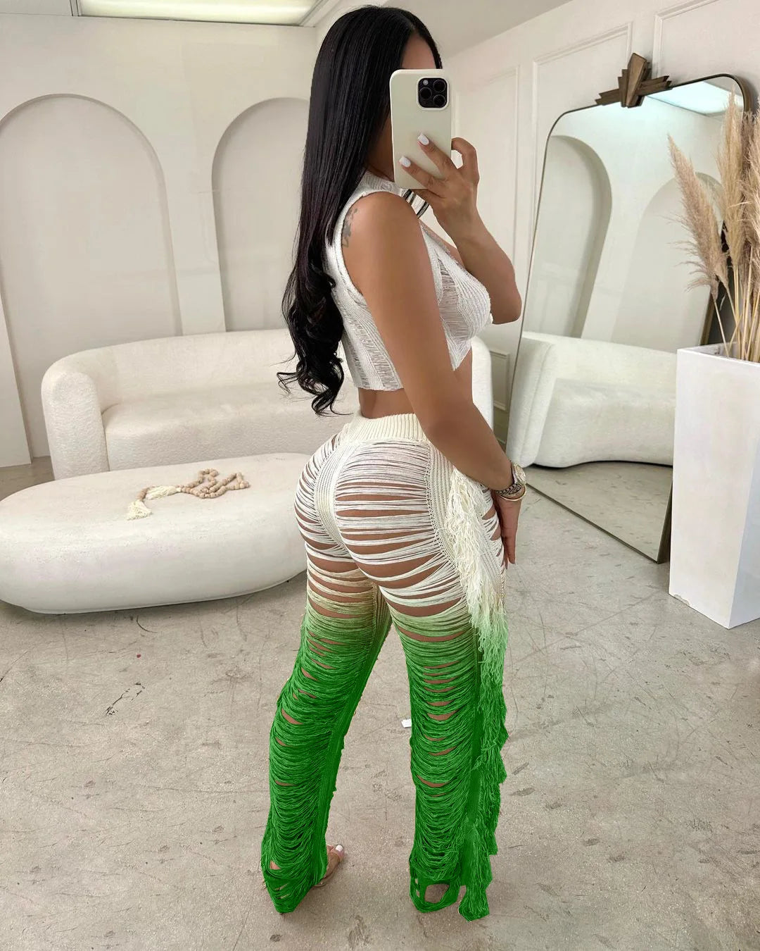 Two Piece Pant Sets Women Sexy Tanks Sleeveless Spliced Hollow Out Short Top Solid Tassel Pants Casual Beach Summer 2024